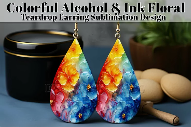 Alcohol Ink Teardrop Earring Design, Floral Earring Design 6