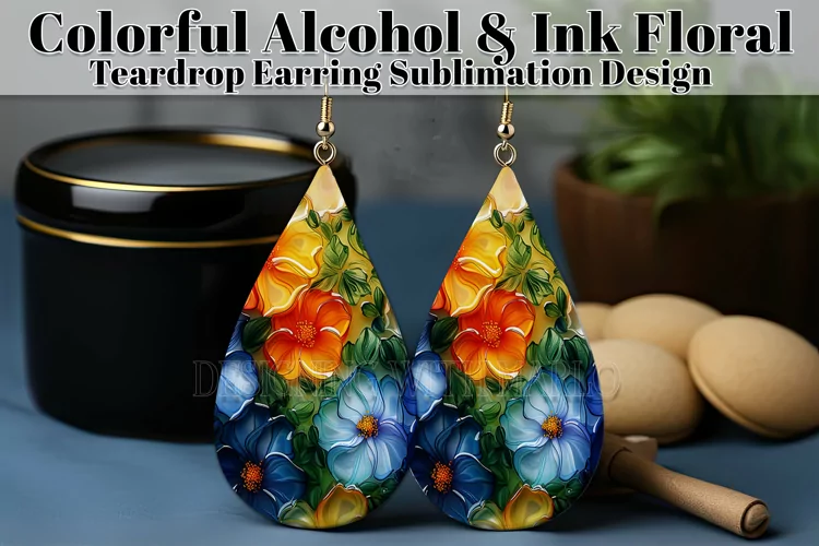 Alcohol Ink Teardrop Earring Design, Floral Earring Design 7