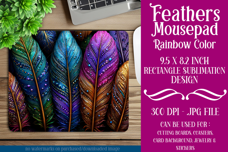 Feathers Mousepad, Sublimation Mousepad, Rainbow Feathers, 1