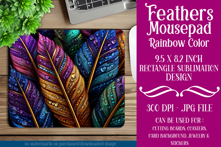 Feathers Mousepad, Sublimation Mousepad, Rainbow Feathers, 3