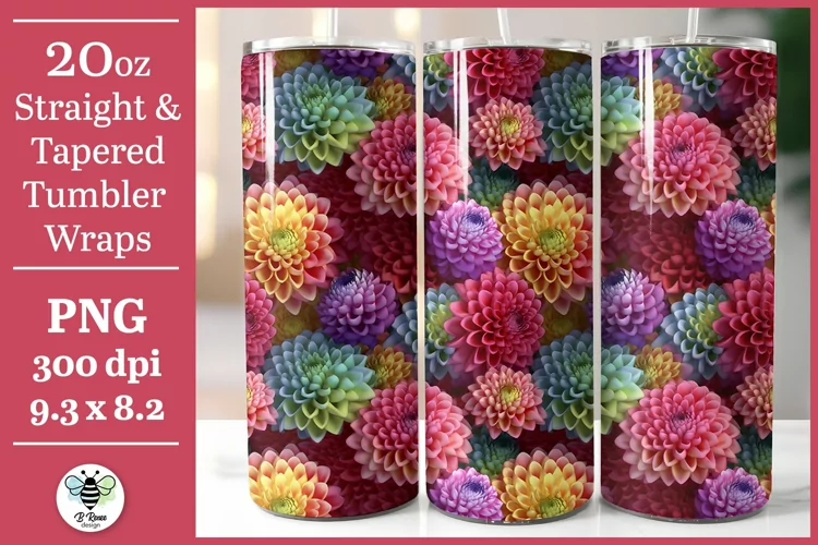 Rainbow Dahlias Floral Tumbler Wrap | 3D Sublimation PNG