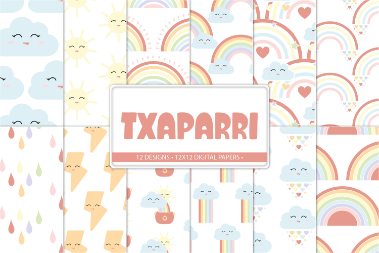 Rainbow Digital Papers, Cute Weather Patterns, 12 Designs