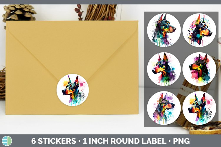 Rainbow Doberman Pinscher Stickers Sublimation Round Label