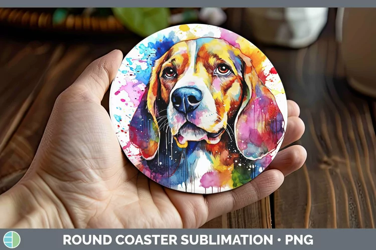 Rainbow Dog Beagle Round Coaster | Sublimation Coaster Desig