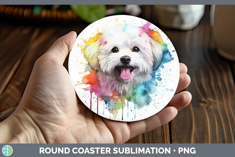 Rainbow Dog Bichon Frise Round Coaster Sublimation Coaster D