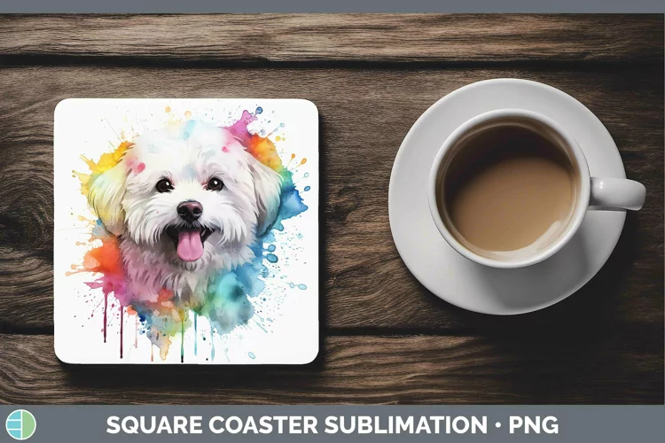 Rainbow Dog Bichon Frise Square Coaster Sublimation Coaster