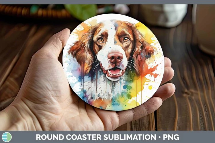 Rainbow Dog Brittany Dog Round Coaster Sublimation Coaster D