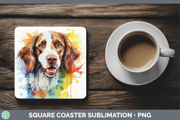 Rainbow Dog Brittany Dog Square Coaster Sublimation Coaster