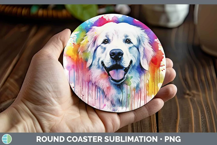 Rainbow Dog Great Pyrenees Round Coaster Sublimation Coaster