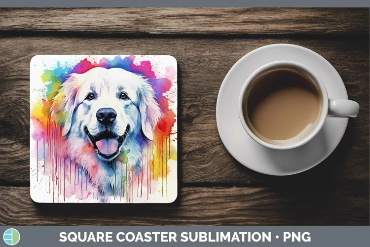 Rainbow Dog Great Pyrenees Square Coaster Sublimation Coaste