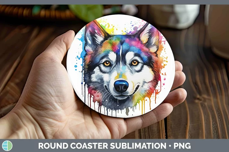 Rainbow Dog Husky Round Coaster Sublimation Coaster Designs