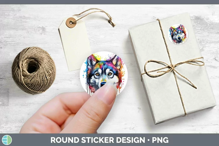 Rainbow Dog Husky Stickers | Round Labels Designs