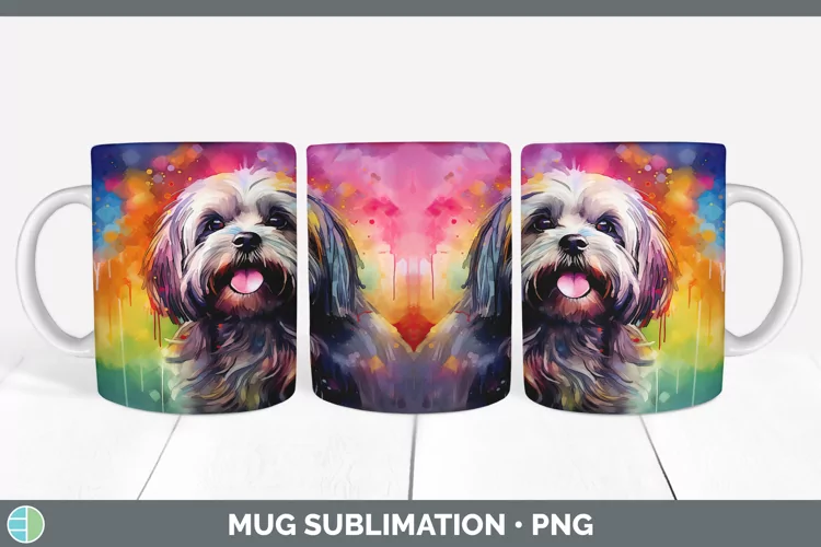 Rainbow Dog Lhasa Apso Mug Wrap | Sublimation Coffee Cup Des