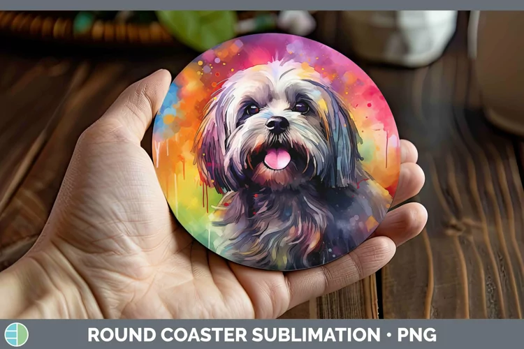 Rainbow Dog Lhasa Apso Round Coaster | Sublimation Coaster D