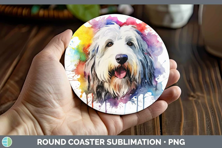 Rainbow Dog Old English Sheepdog Round Coaster | Sublimation