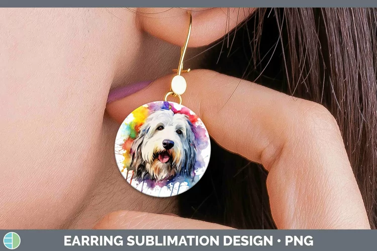 Rainbow Dog Old English Sheepdog Round Earrings Sublimation