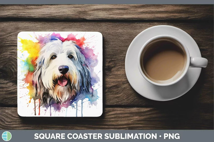 Rainbow Dog Old English Sheepdog Square Coaster | Sublimatio
