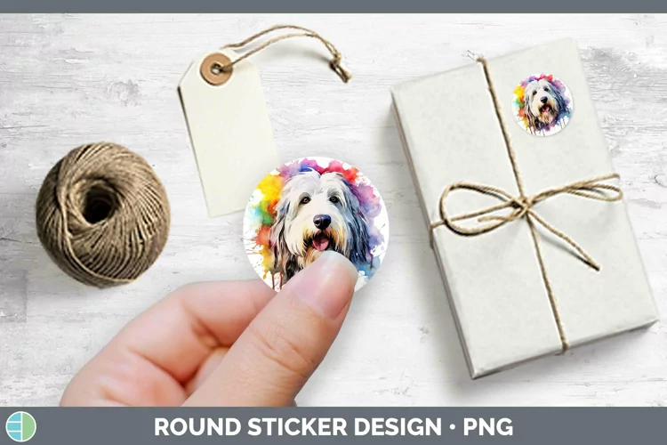 Rainbow Dog Old English Sheepdog Stickers | Round Labels Des