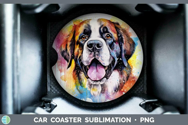 Rainbow Dog Saint Bernard Car Coaster | Sublimation Coaster