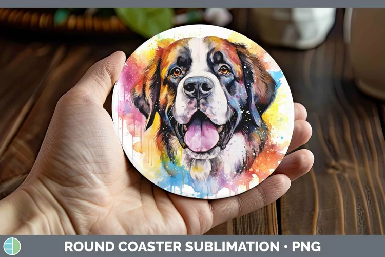 Rainbow Dog Saint Bernard Round Coaster | Sublimation Coaste