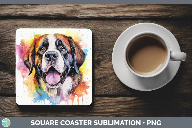 Rainbow Dog Saint Bernard Square Coaster | Sublimation Coast
