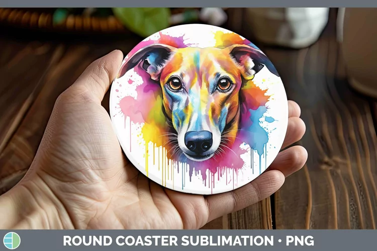 Rainbow Dog Whippet Round Coaster Sublimation Coaster Design