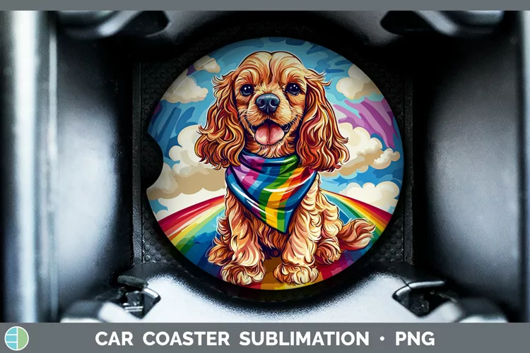 Rainbow Dogs Cocker Spaniel Car Coaster Sublimation Coaster