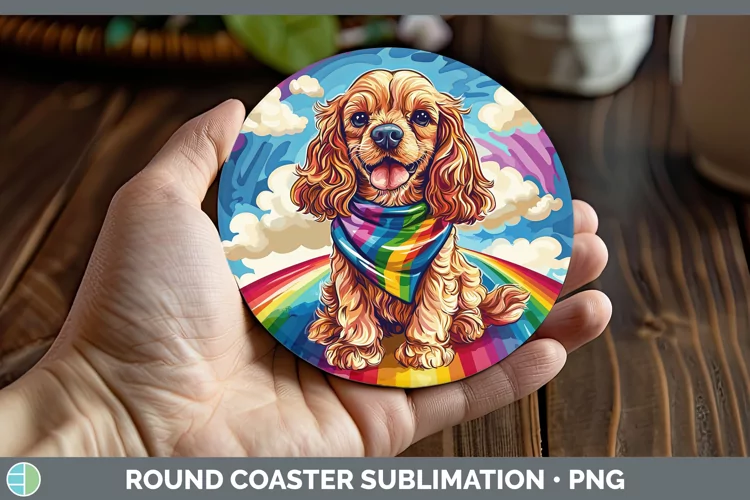 Rainbow Dogs Cocker Spaniel Round Coaster Sublimation Coaste