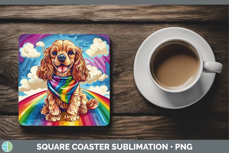 Rainbow Dogs Cocker Spaniel Square Coaster Sublimation Coast