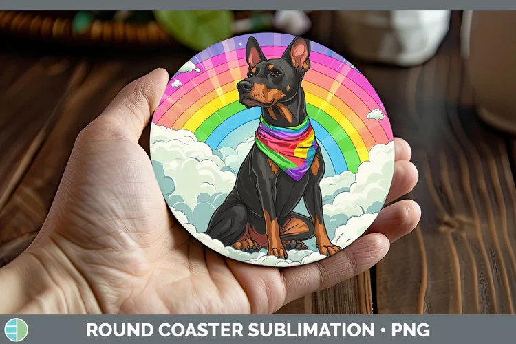 Rainbow Dogs Doberman Pinscher Round Coaster Sublimation Coa