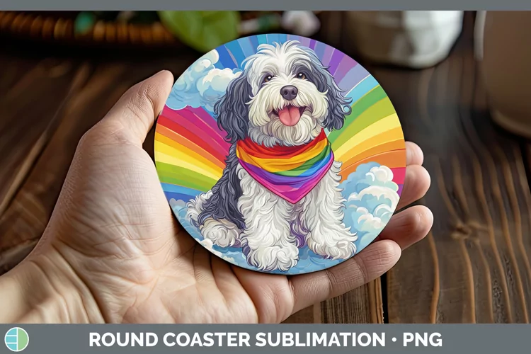 Rainbow Dogs Old English Sheepdog Round Coaster Sublimation