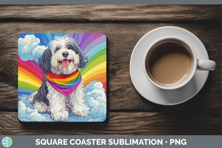 Rainbow Dogs Old English Sheepdog Square Coaster Sublimation