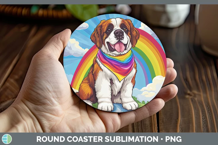 Rainbow Dogs Saint Bernard Round Coaster Sublimation Coaster