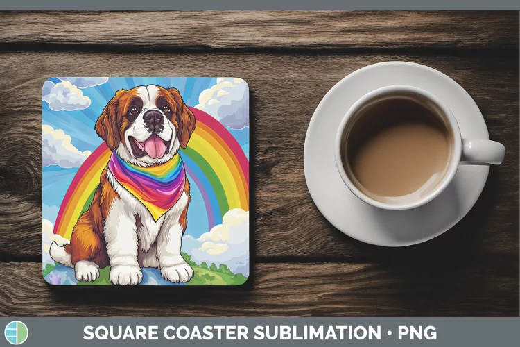 Rainbow Dogs Saint Bernard Square Coaster Sublimation Coaste