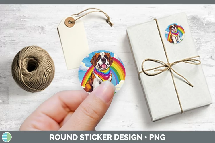 Rainbow Dogs Saint Bernard Stickers | Round Labels Designs