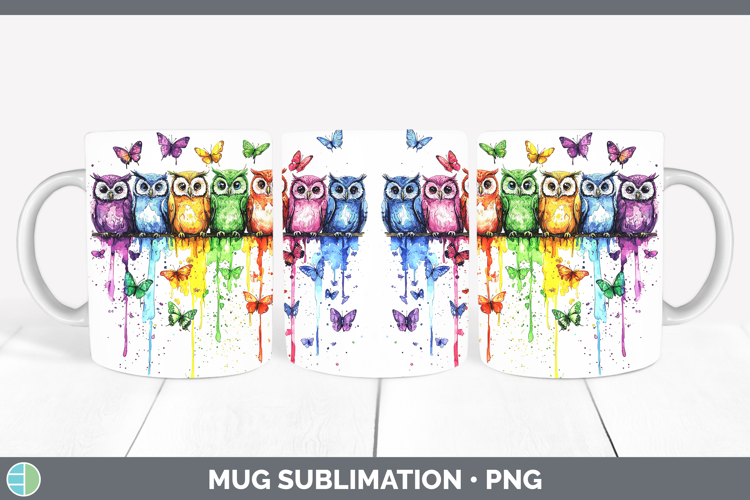Rainbow Drips BS01 Owl Mug Wrap Sublimation Coffee Cup Desig