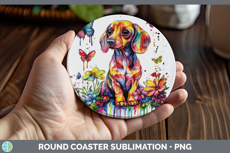 Rainbow Drips Dachshund Round Coaster Sublimation Coaster De