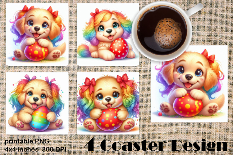Rainbow Easter Square Coaster | Cute dog Animals Egg