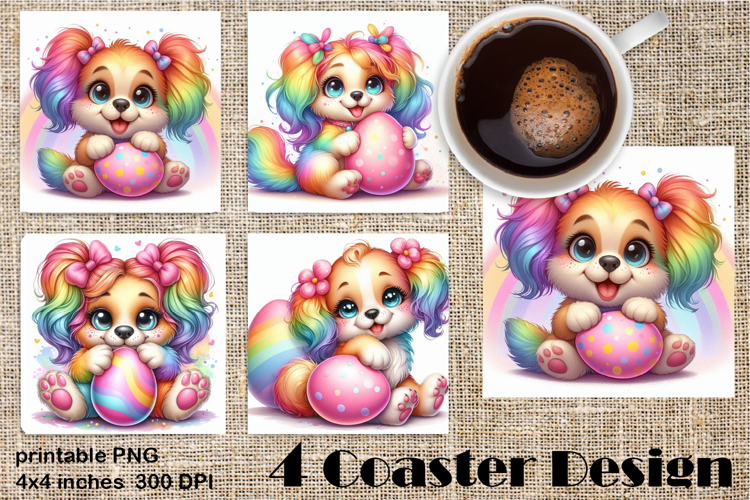 Rainbow Easter Square Coaster | Cute dog Animals Egg