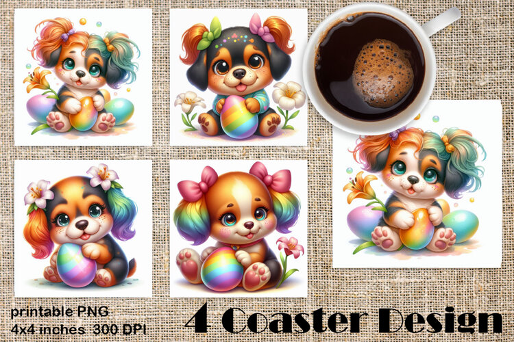 Rainbow Easter Square Coaster | Cute dog Animals Egg example image 1