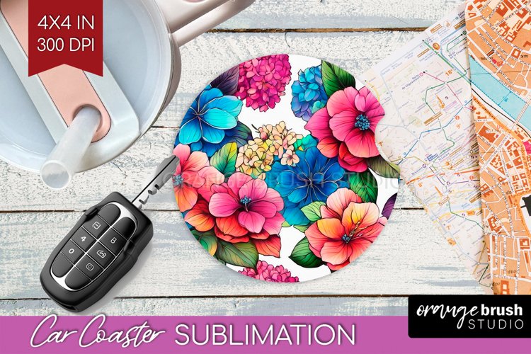 Rainbow Flowers Car Coaster - Spring Coaster PNG Sublimation
