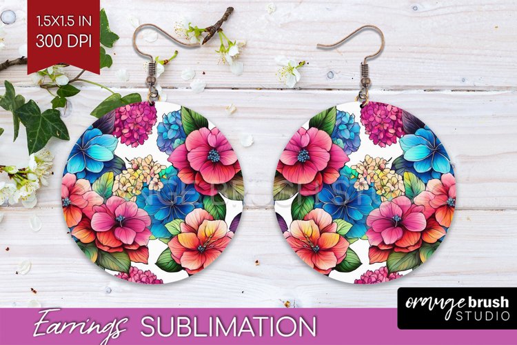 Rainbow Flowers Round Earrings - Spring PNG Sublimation