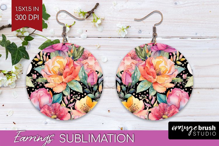 Rainbow Flowers Round Earrings - Spring PNG Sublimation