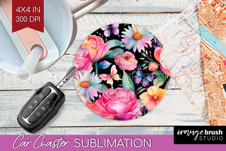 Rainbow Flowers Car Coaster - Spring Coaster PNG Sublimation