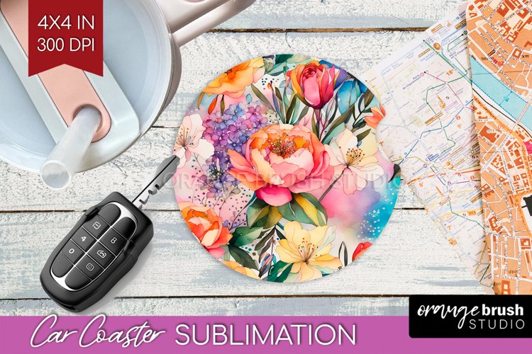 Rainbow Flowers Car Coaster - Spring Coaster PNG Sublimation