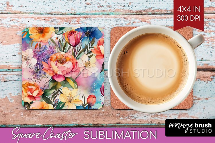 Rainbow Flowers Square Coaster - Spring Coaster PNG