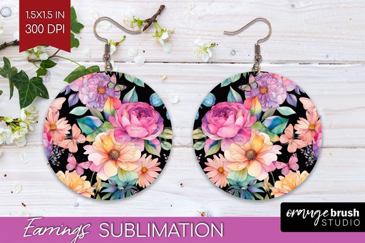 Rainbow Flowers Round Earrings - Spring PNG Sublimation