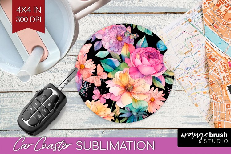 Rainbow Flowers Car Coaster - Spring Coaster PNG Sublimation