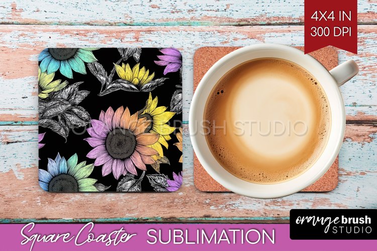 Rainbow Flowers Square Coaster - Spring Coaster PNG