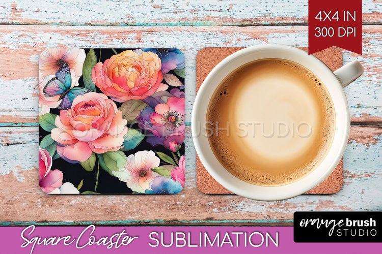 Rainbow Flowers Square Coaster - Spring Coaster PNG